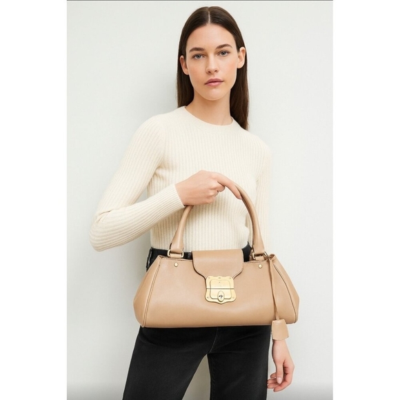 TRUSSARDI Beige Leather Baguette Clip Shopper Shoulder Push Lock Handbag Womens - Picture 1 of 16